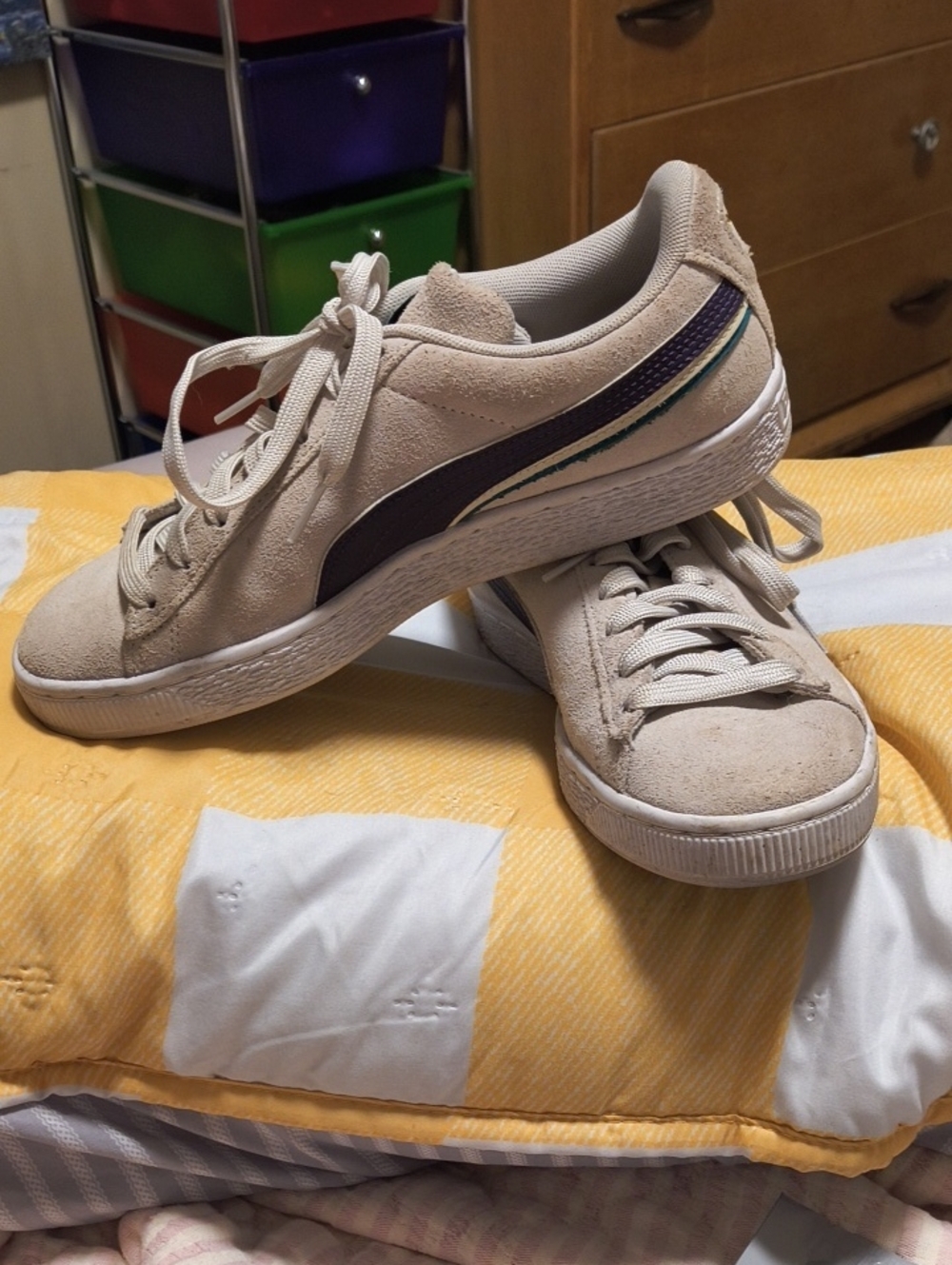 Puma Beige Suede Sneakers with Purple Side Stripe